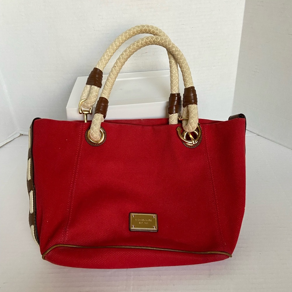 Michael Kors Purse Womens Canvas Denim Tote Bag Red Summer Nautical Braided Med